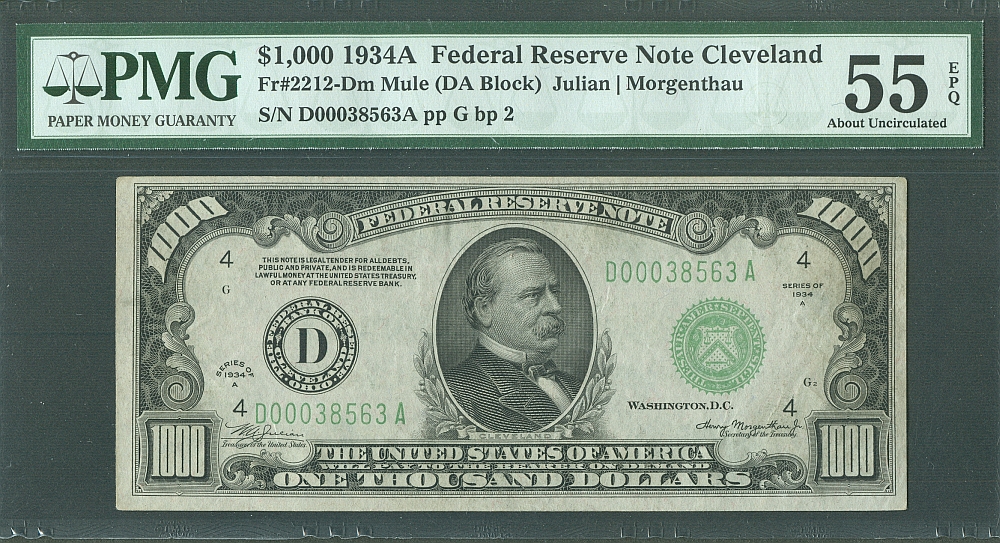 Fr.2212-D(m), 1934-A $1000 Cleveland Federal Reserve Note Rare MULE Variety, AU, PMG55-EPQ